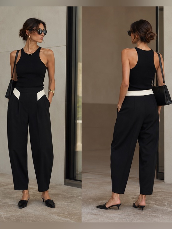 Milly Pants - MILLY Barrel Leg Cropped Pants Black Ivory Pleated High Rise Size 6 Made USA